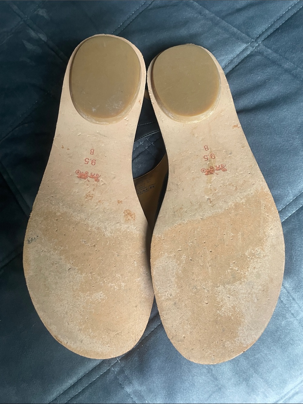 Coach Black Leather T-Strap Sandals with Tan Footbed - Picture 3 of 7